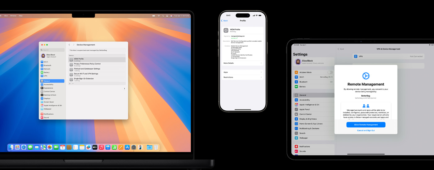 Tres dispositivos Apple: a la izquierda, una computadora Mac que muestra una ventana de Administración de dispositivos. En el centro, un iPhone muestra la configuración de un perfil con MDM (Administración de dispositivos móviles). A la derecha, un iPad muestra una ventana de Administración Remota.