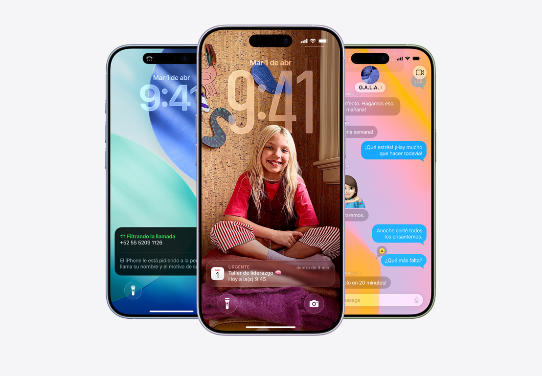 Pantalla de un iPhone que muestra el aviso para filtrar una llamada, pantalla de un iPhone que muestra avisos de las apps Mail y Mensajes con el diseño de Liquid Glass, pantalla de un iPhone que muestra una conversación en Mensajes con un fondo de Liquid Glass