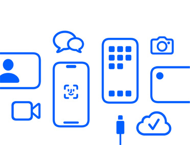 Dispositivos Apple y funcionalidades, iCloud, iPhone con Face ID y cable de carga, Cámara, mensajes, app Mensajes.