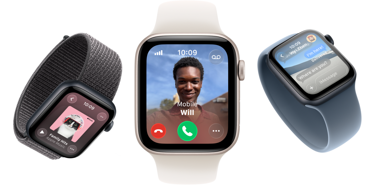Apple Watch SE 3 devices, aluminium cases, starlight and midnight colours, Braided Solo Loop, turmeric colour, Solo Loop, neon yellow colour, Sport Loop, basalt black colour, screens: Apple Pay, Control Centre, Apple Music