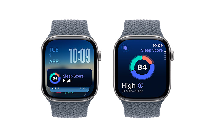 Apple Watch Series 11, space grey colour, aluminium case, Smart Stack hint, sleep score notification, right side exterior, Digital Crown