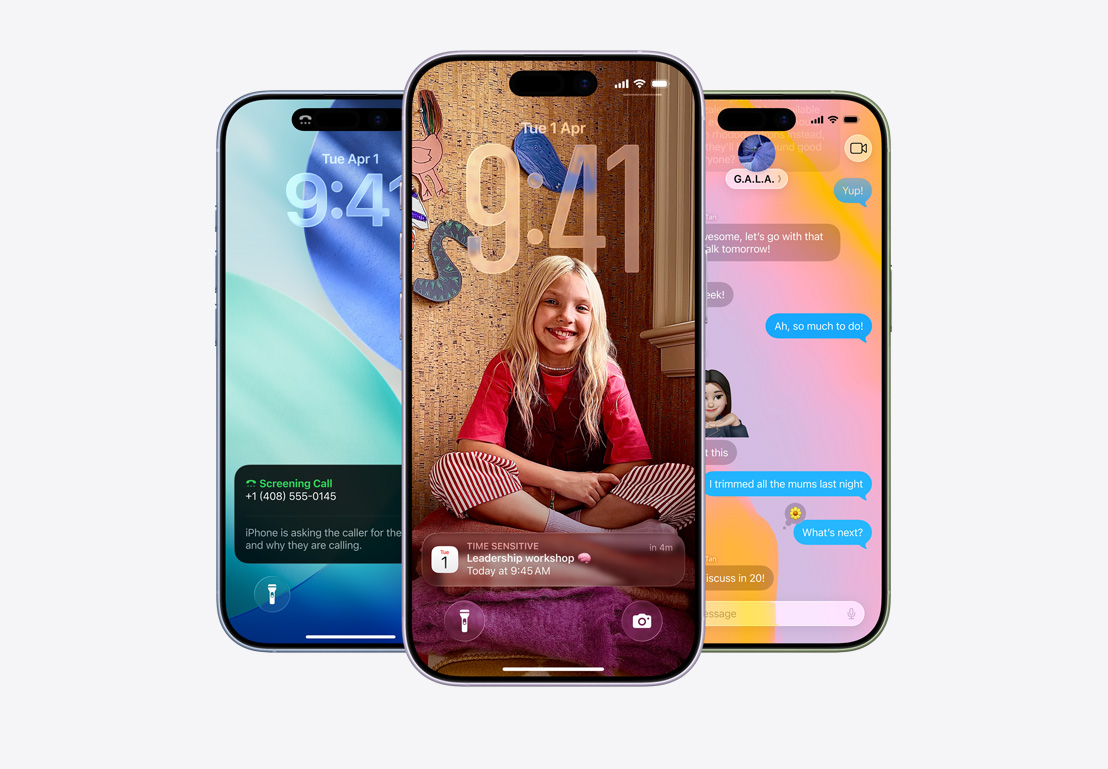 iPhone screen showing call screening pop-up, iPhone screen showing Mail and Messages app pop-ups with Liquid Glass design, iPhone screen showing Messages thread with Liquid Glass background