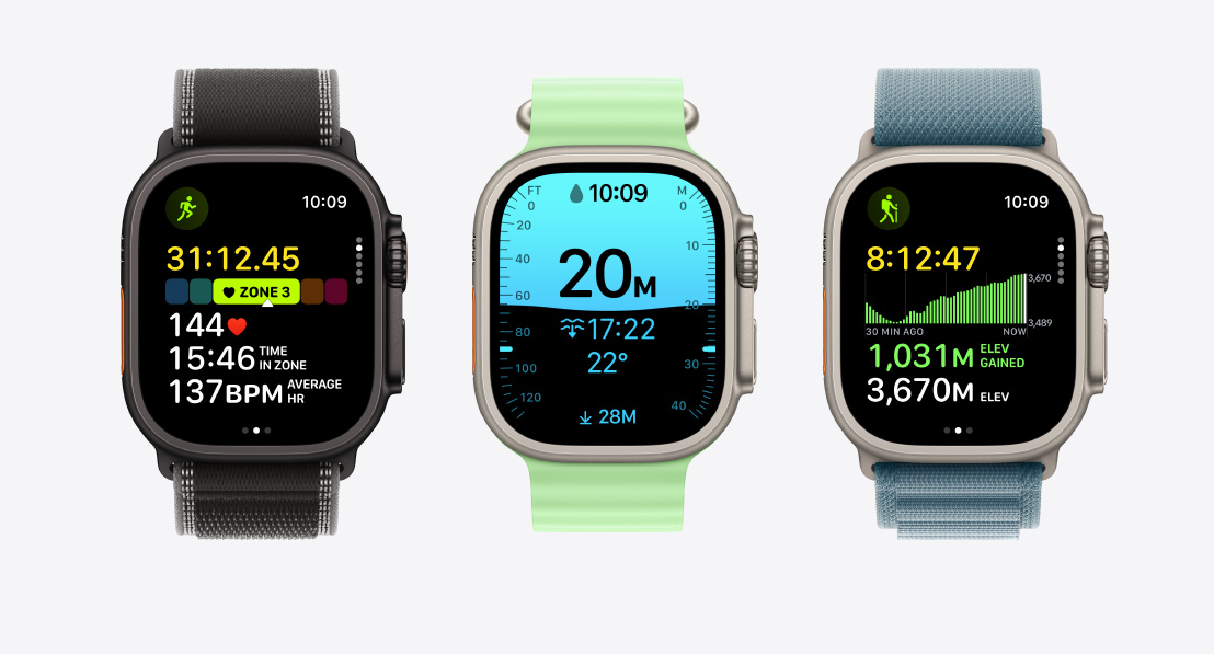 Apple Watch Ultra 3 devices, titanium cases, natural and black colors, Workout app screens: running, scuba, hiking, bands: Trail Loop, black/charcoal color, Ocean Band, neon green color, Alpine Loop, anchor blue color