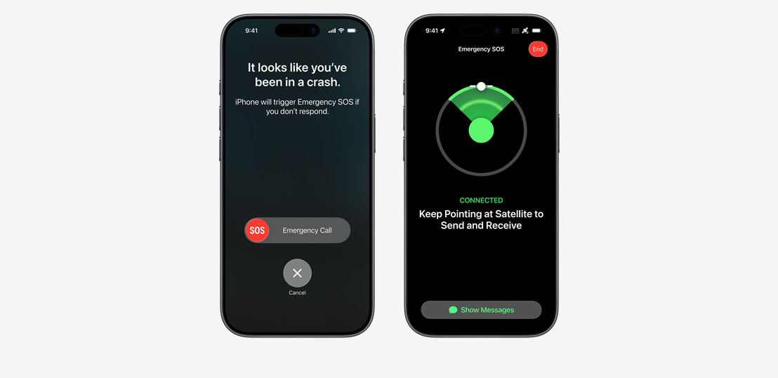 Side-by-side, iPhone screen showing Find My, Roadside Assistance widgets available via Satellite, iPhone screen showing Emergency SOS in use, iPhone screen showing Roadside Assistance in use