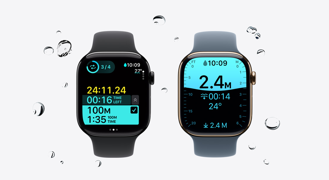 Apple Watch Series 11 devices, aluminium and titanium cases, polished Jet Black and gold colours, Workout app tracking Swim, water beads move off watch, Sport Bands, black and anchor blue colours