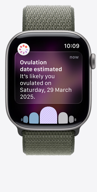 Apple Watch Series 11, Space Grey aluminium case colour, Ovulation date estimation notification from Cycle Tracking in Health app, Digital Crown, band, forest Sport Loop