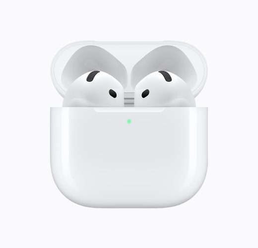 AirPods 4 inside an open white charging case