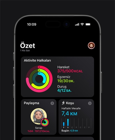 iPhone 17, Fitness özeti, Aktivite halkaları, Hareket, Egzersiz ve Duruş ölçümleri, arkadaşlarla aktivite paylaşma, haftalık Koşu istatistikleri, Antrenman Yükü