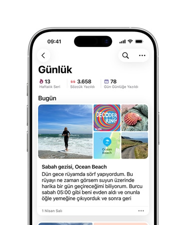 Önden görünen iPhone 16’nın ekranında Günlük uygulaması görülüyor