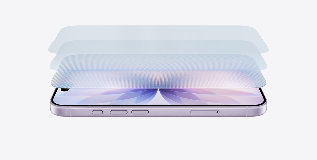 Yatay duran Lavanta renk iPhone 17, katmanlı tasarımla Ceramic Shield 2 gösteriliyor