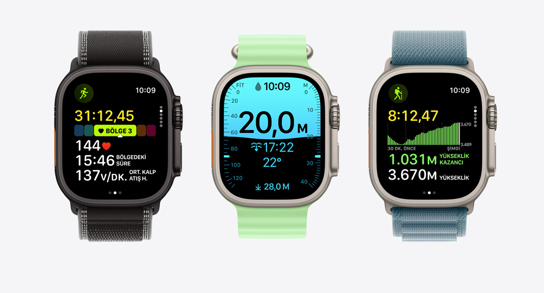 Apple Watch Ultra 3, Antrenman uygulaması ekranları: koşu, tüplü dalış, bisiklet