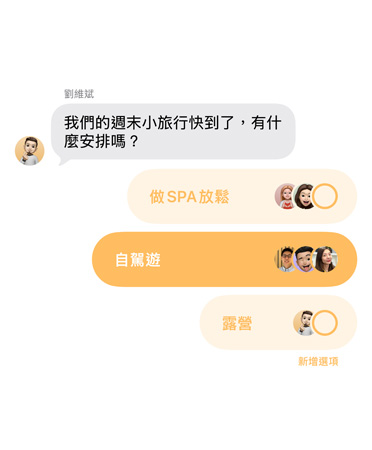 訊息 app 的投票功能，群組聊天中的成員正在投票決定週末的旅行地點