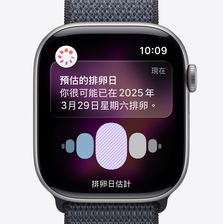 Apple Watch Series 11，展示太空灰色鋁金屬錶殼、數位錶冠，搭配深灰色運動型錶環，螢幕顯示來自健康 app 中經期追蹤功能的排卵日預測通知