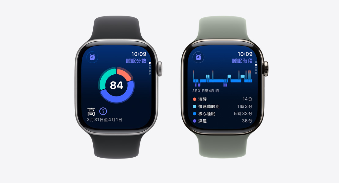 兩隻 Apple Watch Series 11，搭配黑色和綠灰色運動型錶環，螢幕顯示睡眠分數和睡眠階段功能