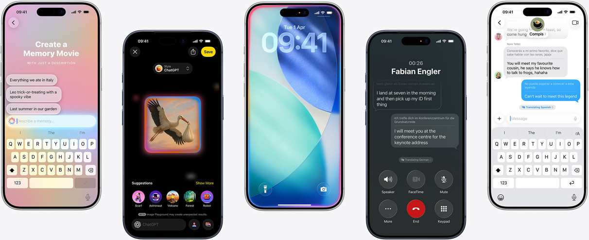 Static image of multiple iPhones showing Apple Intelligence features.