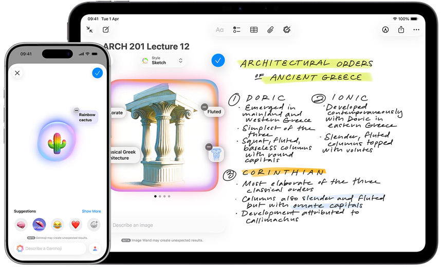Custom images are shown in the Message app and the Image Wand feature in Notes is shown on an iPad.