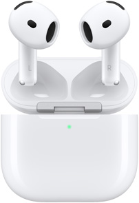 Öppet laddningsetui till AirPods 4 med AirPods svävande ovanför.