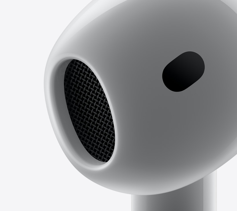 Zbliżenie na zwężaną część douszną AirPods 4.