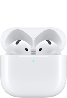 AirPods 4 w otwartym etui ładującym.