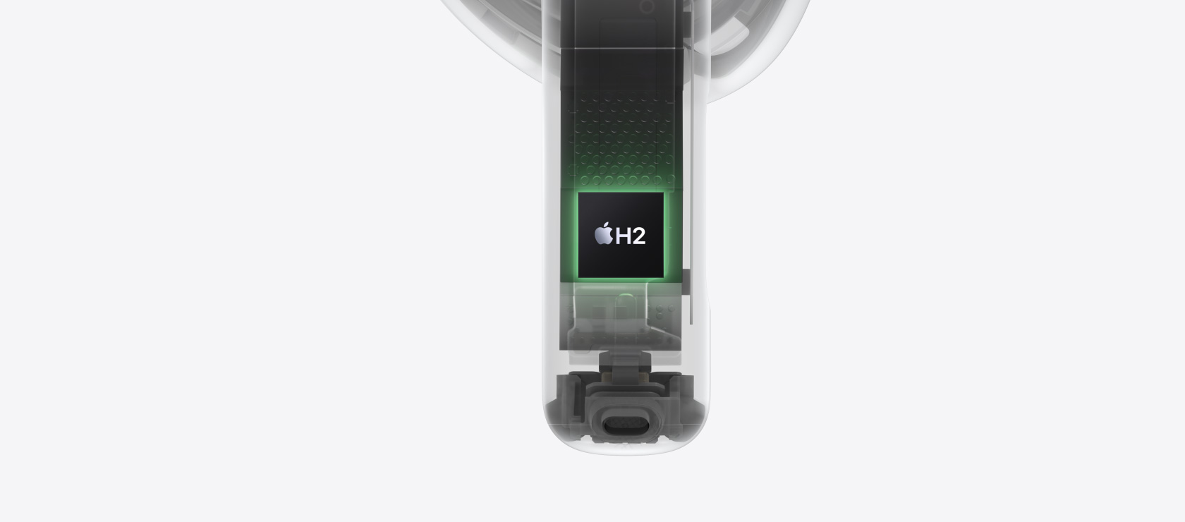 Czip H2 pokazany na animacji przedstawiającej wnętrze końcówki AirPods 4.