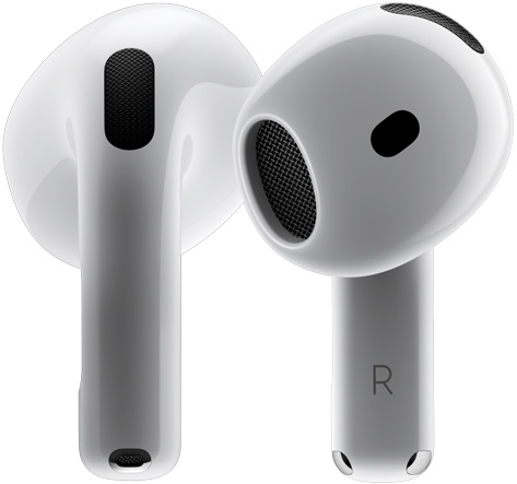 İki AirPods 4’ün birbiri etrafında döndükten sonra farklı açılarda durduğu animasyon.