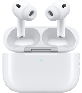 덮개가 열린 충전 케이스 안에 AirPods Pro가 담긴 모습.
