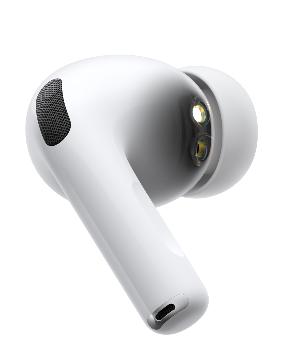 Trådløs AirPods Pro 3-øretelefon i hvid vist fra siden med kort rørformet stav og pulserende bølge