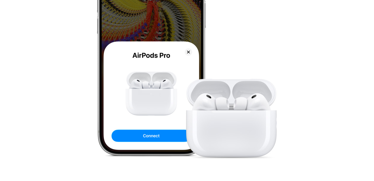 iPhone 17 Pro med forbindelsesfunktion på skærmen og AirPods Pro 3 i et MagSafe-opladningsetui (USB-C)
