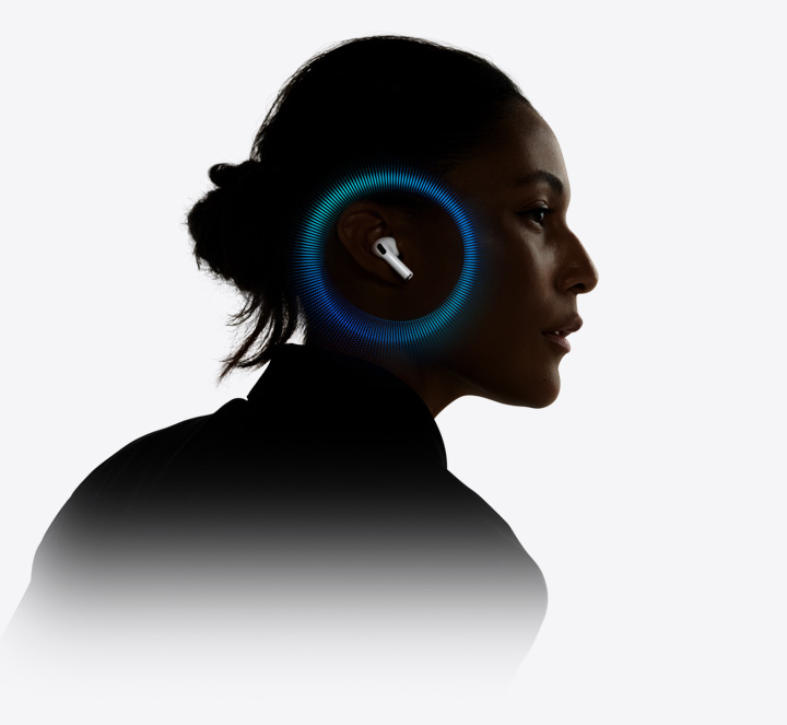 Animasjon av lydbølger som vises rundt øret på en person som bruker AirPods Pro 3.