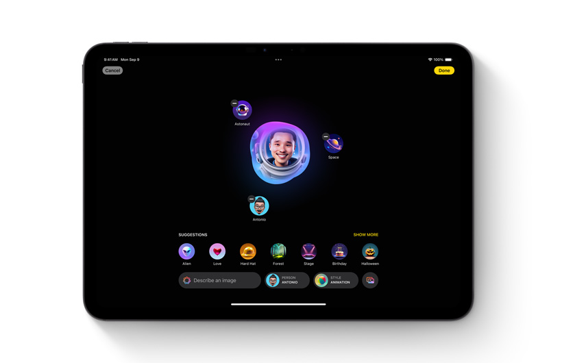 Aplikacja Image Playground wyświetlana na iPadzie. Oryginalny obraz pośrodku ilustracji jest otoczony różnymi pomysłami i słowami kluczowymi użytymi do jego wykonania.