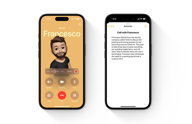 Aplikacja Telefon pokazana z nową funkcją nagrywania połączeń na żywo. Na drugim iPhonie widać podsumowanie rozmowy utworzone na podstawie generowanej na bieżąco transkrypcji.