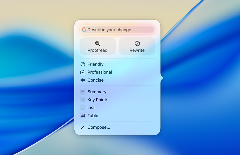 UI for Writing Tools with a text field to enter prompts, buttons for Proofread and Rewrite, different tones of writing voice, and options for summarise, key points, table and list