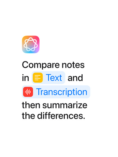 比較文字和轉寫的筆記，然後產生文字摘要，當中的「Text」和「Transcription」字樣以藍色螢光標示，正如捷徑 app 內一樣