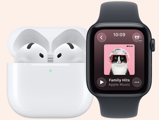 Ett par AirPods bredvid en Apple Watch.