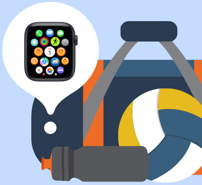 En illustration av en ryggsäck. En bubbla med en Apple Watch i som anger att enheten ligger i väskan.