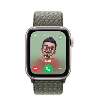 Apple Watch SE 3, aluminium case, starlight colour, incoming call from Dad, Memoji contact photo, accept and decline call buttons