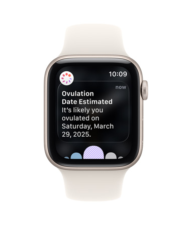 Apple Watch SE 3, aluminum case, starlight color, ovulation date estimation notification from Cycle Tracking in Health app, Digital Crown, Sport Band, starlight color