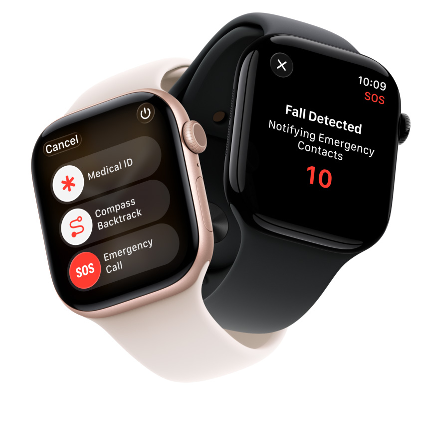 兩款 Apple Watch Series 11，分別配備玫瑰金色鋁金屬錶殼和亮黑色鋁金屬錶殼；螢幕顯示各種安全功能：醫療檔案、指南針回溯和緊急通話；分別配搭淡胭脂色運動錶帶和黑色運動錶帶