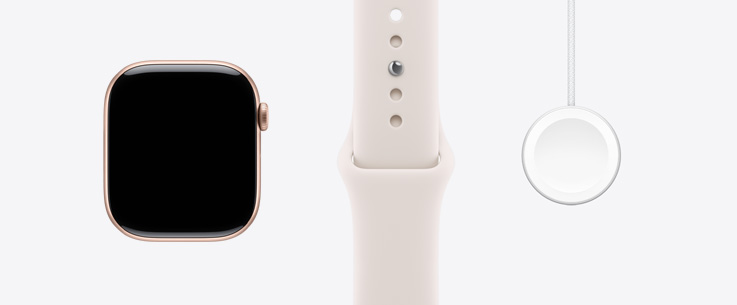 Apple Watch Series 11，展示玫瑰金色鋁金屬錶殼，正面外部，貼邊設計顯示器，淡胭脂色運動錶帶，Apple Watch 磁力快速充電器至 USB-C 連接線