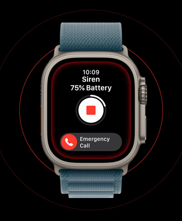 Apple Watch Ultra 3，採用原色鈦金屬錶殼，配以錨鐵藍色登峰手環；螢幕顯示已啟用警笛的畫面，上面有停止按鈕和 SOS 緊急電話按鈕