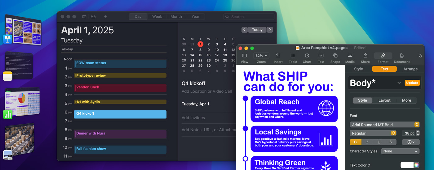 Multiple apps open on a screen including Calendar and Pages. On the left side are various other iOS apps.