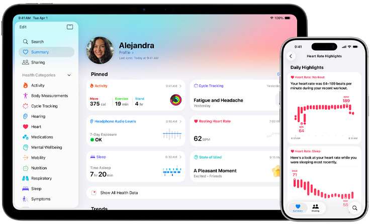 App Salute su un iPad e un iPhone, riepilogo dello stato di salute con i preferiti in evidenza su iPad, sintesi dei dati della frequenza cardiaca su iPhone