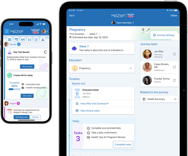 Màn hình iPhone và iPad hiển thị ứng dụng Epic MyChart.