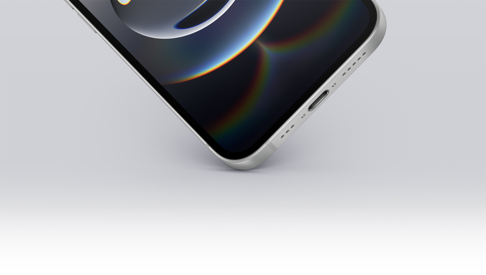 الزاوية السفلية لجهاز iPhone 16e تلمس الأرض وتعرض منفذ USB-C.
