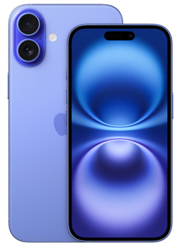 ウルトラマリンのiPhone 16の前面と、カメラを見せているiPhone 16 Plusの背面の一部分