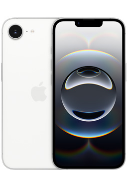 ホワイトのiPhone 16eの前面と、カメラを見せているiPhone 16eの背面の一部分