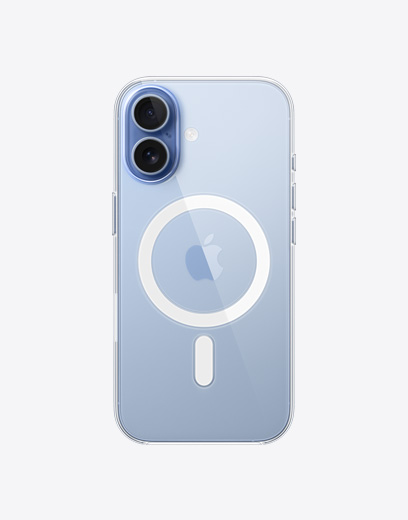 Vista traseira do iPhone 17, Capa transparente com MagSafe e sistema de câmara Fusion no canto superior esquerdo