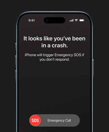 Przód obudowy iPhone’a Air, na ekranie zaprezentowane działanie funkcji Wykrywanie wypadków