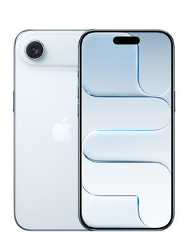 天藍色 iPhone Air 的機身背面，展示融合相機系統在頂部，Apple 標誌在中央；天藍色 iPhone Air 的機身正面展示頂部中間的動態島