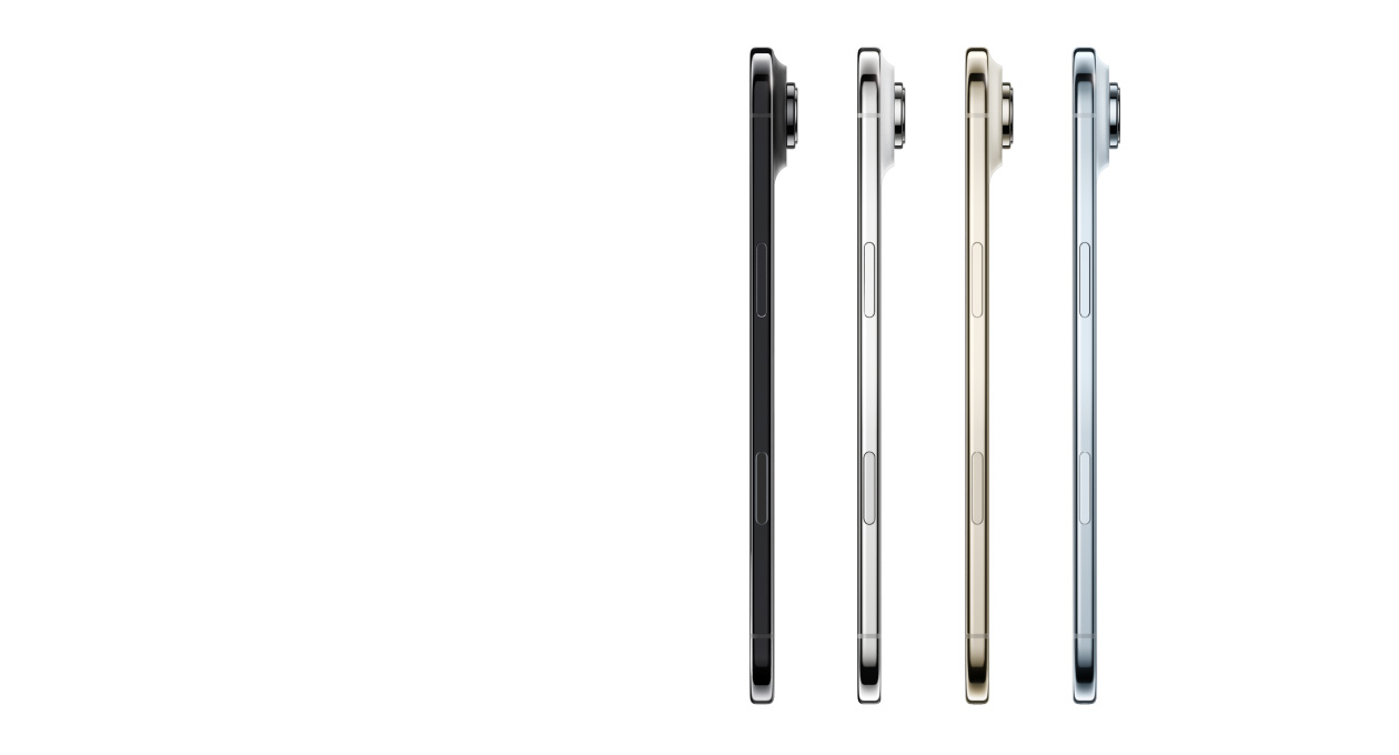 iPhone Air 展示側面外觀，顏色包括：天藍色、淺金色、浮雲白色，以及太空黑，展示極纖薄機身、融合相機系統、側邊按鈕及相機控制按鈕